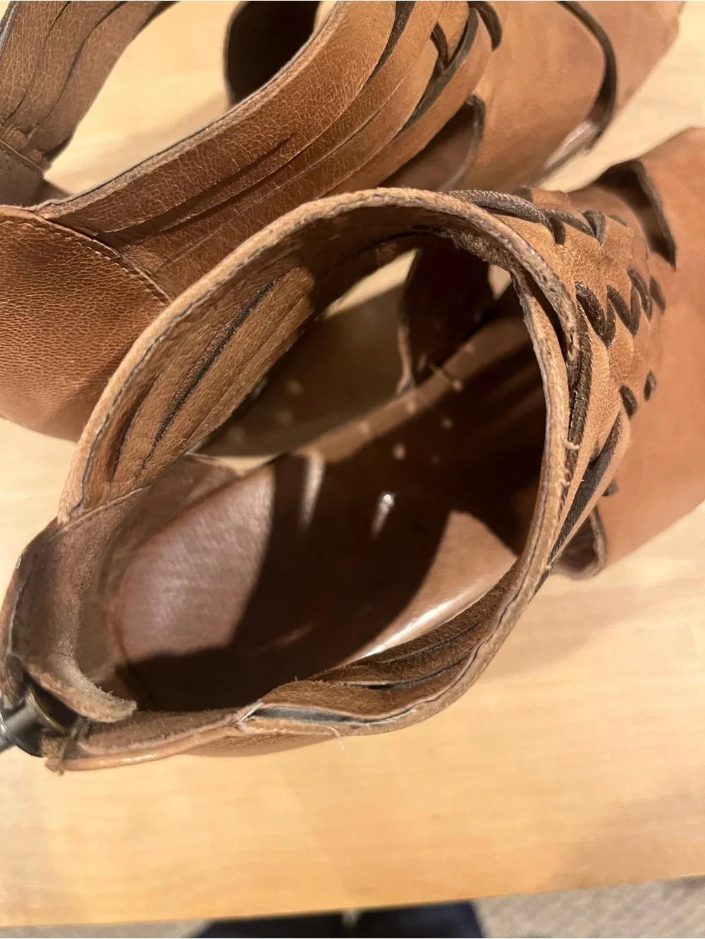 Antelope Cognac Braided Leather Wedge Sandals